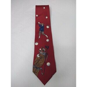 Vintage 7th AVE 100% Silk Made in the USA Red Necktie Golfer Swing Golf Bag Ball